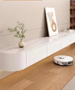 Meuble TV flottant de style moderne blanc + pierre frittée de 120 cm de large