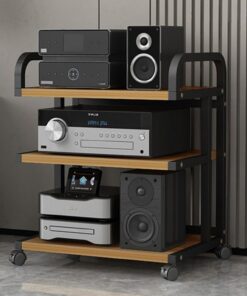 Meuble Hi FI, Meuble Audio Vidéo avec poulies Mobiles, en Panneau de Bois épaissi, Dessus avec Mains courantes incurvées, for Salon/Bureau/DJ/théâtre(Wood Color)