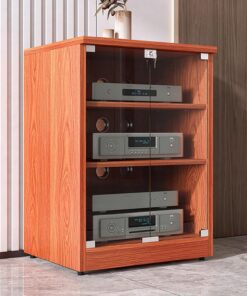 Support audio réglable à 3 niveaux avec portes en verre trempé – Support multimédia moderne et armoire de rangement pour home cinéma, centre de divertissement élégant et organisateur d'étagère stéréo