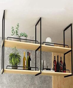 Étagère à vin de Plafond à 2 Niveaux, Support d'affichage Suspendu pour Bar de Cuisine, étagère Flottante en Fer et Bois Massif de Style rétro, Supports pour Plantes, Rangement et décoration