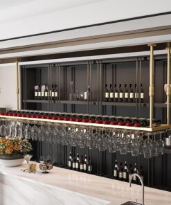 Casier à vin en Or Plafond Porte-Verre à vin, Porte-Bouteilles de vin Suspendus Gobelets en Fer forgé Étagère de Rangement pour Verres à Pied pour Bar Cuisine Restaurant, Cadre déc