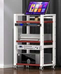 Meuble HiFi, Meuble Rack Audio avec étagères réglables en Hauteur à 3 Niveaux, Meuble stéréo avec roulettes for ampli AV/Platine Vinyle/Sky Box/imprimante, capacité de Charge(White+Teak)