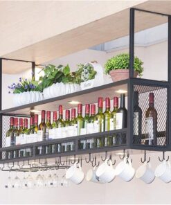 Casier à vin Suspendu avec Support en Verre et étagère, Meuble de Bar pour Amateurs de vin et casier à vin Mural en Bois Noir/casier à vin Suspendu au Plafond en métal/Cube (Taille