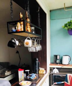 Porte-Bouteille de vin Support à Verres à vin à l'envers, étagère à vin en Fer et en Bois Suspendue au Plafond, étagères flottantes de décoration Murale pour Bars, Restaurants, cuisines/120