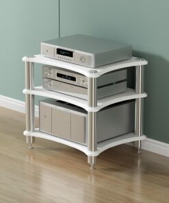 Étagère Audio, Armoire Haute pour Audio vidéo pour système de Divertissement Home cinéma, étagère d'angle de Rangement multimédia à 4 Niveaux pour Bureau (Blanc 60 x 48 x 62 cm)