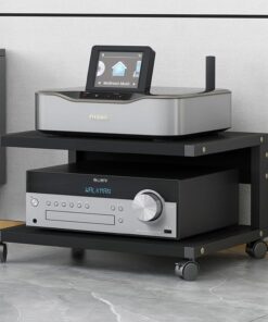 Meuble Rack Audio AV, Meuble Hi FI À 2 Niveaux, Meuble Audio Vidéo avec roulettes, Cadre en Acier, Meuble Stéréo Mobile pour la Maison, Le Bureau, Le Théâtre(Nero,50x40x30CM)