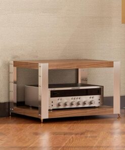 Rack Audio en Bois, Meuble Hi FI Ouverte, Meuble Audio Vidéo avec Étagères Réglables, Meuble Stéréo avec Pieds Amortisseurs, Support Stéréo Multimédia Multifonctionnel(Walnut Color,2-Tier)
