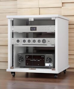 Support multimédia, support audio à plusieurs niveaux avec tiroir, support CD for armoire stéréo, armoire AV moderne avec portes en verre, avec étagère réglable en hauteur et roulettes pour(Wit