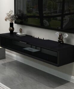 Meuble TV mural, support TV flottant avec tiroirs, couvercles rabattables, console multimédia murale, console TV flottante murale, meuble TV mural moderne pour salon, chambre à coucher (noir