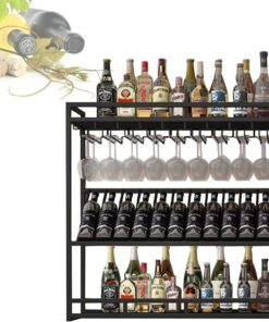 Étagère Murale à vin avec Support en Verre Suspendu Étagères de Bar pour Bouteilles d'alcool Mini étagère de présentation de Bar pour la Maison Bar Salle à Manger Cuisine Noir (31