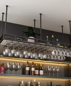 Étagère à vin de Plafond, étagère à vin en métal avec Verre, étagère à vin de comptoir de Bar Suspendue, Bouteille de vin à 2 Couches, pour Bars, Restaurants, Cuisine/Support Noir/
