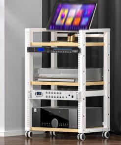 Meuble HiFi, Meuble Rack Audio avec étagères réglables, Meuble stéréo avec Roue Universelle, Meuble Audio Vidéo, Facile à Assembler(Wood)