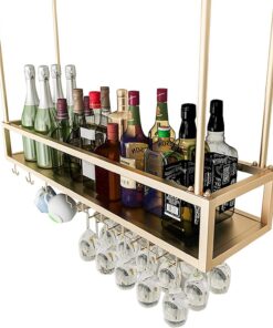 Bouteilles de vin et Porte-Verre Suspendus, Support de Stockage de vin de Plafond de casier à vin avec étagère en Verre de Verres à Pied pour Bar de Cuisine sous Le Meuble, Or (Tai