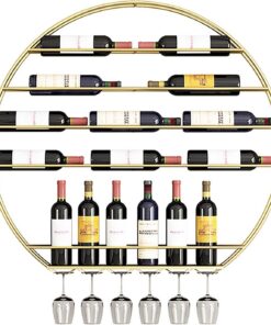 Élégant casier à vin Mural Rond avec Support pour Verres Suspendus – Présentoir à Bouteilles pour Bar, Salle à Manger ou Cuisine – Étagère à Whisky pour Bar, café – Bar Moderne
