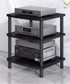 Étagère Audio Hi-FI 2/3/4 Niveaux en métal et Bois pour Composants AV, Armoire stéréo pour amplificateur/Lecteur de disques/récepteur stéréo, Organisateur d'équipement Audio vidéo (Noir, 3 n