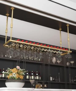 Porte-Bouteilles de vin doré, étagère à vin Flottante en Fer de Plafond pour Bars et Restaurants, Support de Rangement Suspendu pour gobelets en Verre, Hauteur réglable (Tai