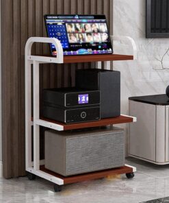 Support Multimédia Support Audio sur Pied Présentoir Audio Meuble TV D'angle Mobile Support Audio Sur Pied avec Roues Universelles Facile à Assembler pour Salon Studio D'enregistrement.(Walnut,50x40x8