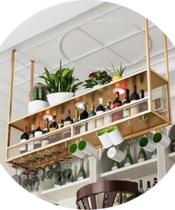 Casier à vin de plafond, casier à vin avec support pour verres à pied, étagères flottantes pour bar, casier à vin inversé avec perche, pour cuisine, bar, salle à manger, doré (dimensions : 1