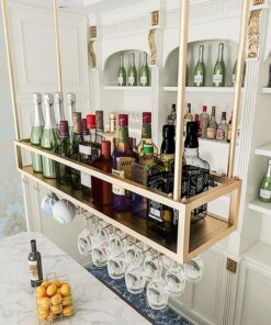 Étagère à vin Suspendue en métal pour Bar à Domicile, étagère de Rangement Murale pour Bouteilles de vin, Verres à Champagne et Verres à Pied, Support décoratif pour Verres à vin,