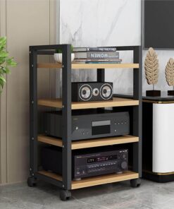 Meuble Rack Audio, Meuble HiFi, Table d'appoint Industrielle à roulettes verrouillables, étagère de Rangement, for Composants stéréo de Divertissement for Salon, DJ/théâtre(Black+Wood)