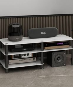Meuble Hi FI, Support Audio avec Pieds amortisseurs, Meuble Audio Vidéo multimédia avec Grand Espace de Rangement, Meuble stéréo de Divertissement(Wit)