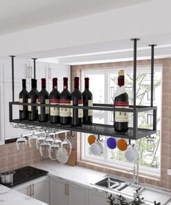 Casier à vin de Plafond avec Support de Verre Suspendu, Support de Rangement Mural en métal pour Bouteilles, étagère à vin, étagères pour Bars, Cuisines, Support de Verres à Pied,