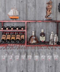 Casier à vin Mural Flottant Vintage pour Bar, casier à vin Mural Suspendu, Support de Rangement pour Verres à vin, Support à Verres à Pied/gobelets en métal (Couleur : Bronze)