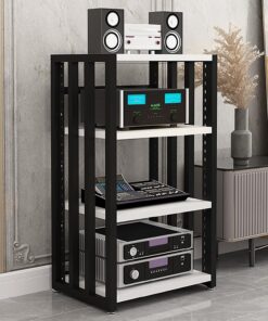 Meuble Rack Audio À 4 Niveaux, 55 × 50 × 96 cm, Meuble Hi FI avec Étagères Réglables, Cadre en Acier Épaissi, Meuble Stéréo Moderne avec Coussinets de Pieds(Wit)