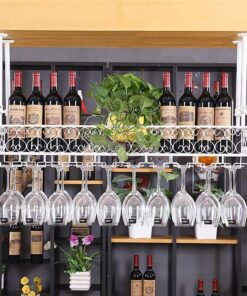 Porte-Bouteilles de vin Mural Flottant avec Support à Verres en Fer Blanc, étagère de Rangement pour Verres à Pied et gobelets pour Bar (47 × 10 Pouces)