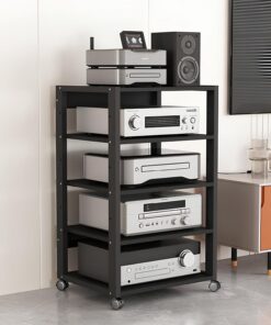 Générique Support multimédia AV, Armoire stéréo sur Pied à 3/4/5 Niveaux, étagère de Rangement pour CD Audio, Support de Tourne-Disque Mobile avec roulettes, pour cinéma Maison, Noir (5 Niveaux)