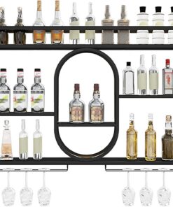 Étagère à vin Murale en métal à 3 Niveaux avec Support pour Verres, étagère Flottante Noire pour Bar, étagères à Liqueur, Support pour Bouteilles de vin, 100 x 15 x 80 cm