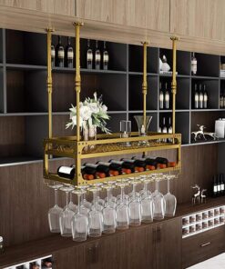 Casier à vin Industriel réglable à Suspendre avec Support en Verre, Support Mural en métal à 2 Couches pour vin et Verres, Support pour Bouteilles en Fer, étagère pour Bar, étagère