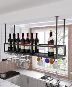 casier à vin, casier à vin de Plafond avec Support en Verre, présentoirs de Rangement de vin, étagère à vin Flottante Suspendue, Support à Verres à Pied pour Bar de Cuisine sous AR