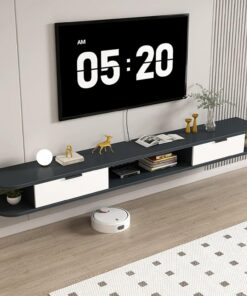 Meuble TV Flottant, Console Multimédia Murale avec 2 Tiroirs | Convient aux téléviseurs de 43 à 98 pouces, Coins arrondis, bois massif, rangement ouvert(Gray,220CM/86.6IN)