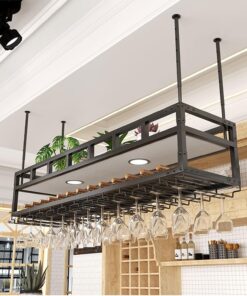 Présentoir à vin en métal pour Verres à vin, Support à vin Suspendu, étagères flottantes pour Bar, Support pour Bouteille de vin Suspendu avec étagère en Verre à Pied, pour Bar, ca
