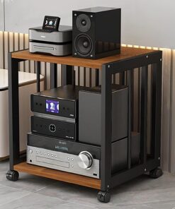 Meuble Hi FI, Support Multimédia Vidéo Mobile, Meuble Rack Audio avec Étagères Réglables, Meuble Stéréo Ouverte, Support TV avec Roue Universelle(Black+Brown,2 Tier 50x40x49cm)