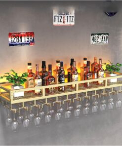 Casier à vin Mural avec Support pour Verre à vin, étagère de Rangement pour Cuisine, étagères de Bar pour Bouteilles d'alcool avec Bande Lumineuse, Meubles de Bar pour la Maison po