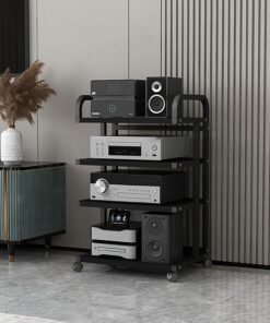 Étagère d'angle pour Meuble Audio/vidéo 3/4/5 Niveaux, Moderne et Ouvert, avec roulettes, Meuble stéréo élégant pour téléviseur, Support Audio Hi-FI, Tour Audio/vidéo Noire 50 x 40 cm