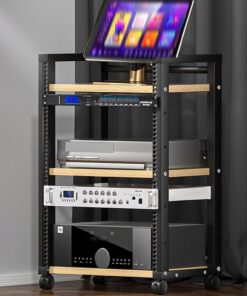 Meuble HiFi, Meuble Audio Vidéo avec étagères réglables, Armoire stéréo avec roulettes, Meuble Rack Audio Ouvert for la Maison/Le Bureau/Le cinéma(Wood)
