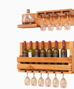 Porte Bouteille Mural Range Bouteille Bois Casier à Bouteilles Meuble Bar Etagere Murale Rangement Bouteille Mini Bar Casiers et Supports de Cuisine avec Porte Verres Suspendu pour Comptoir de Bar