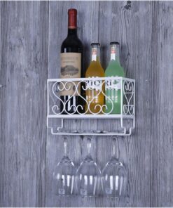 Casier à vin Mural avec Porte-Verres et étagère, présentoir à Bouteilles en métal, Mini-Bar à liqueurs pour Bar, Cuisine, Salle à Manger – Blanc (25 x 10 x 17 cm)