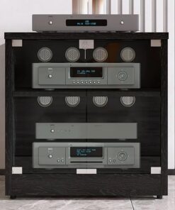 Meuble multimédia moderne noir élégant avec portes en verre – Meuble de divertissement pour consoles de jeux, lecteurs DVD, projecteurs, accessoires TV – Rack audio – Armoire stéréo
