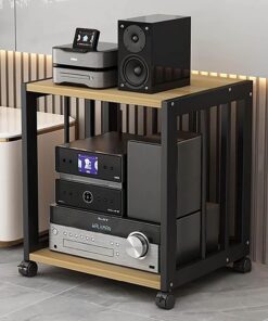 Meuble Hi FI AV, Meuble Rack Audio avec Étagères Réglables, Meuble Stéréo Mobile, Structure en Acier Stable, pour Lecteur DVD, Projecteur, Accessoires TV(Black+Natural,2 Tier 50x40x49CM)