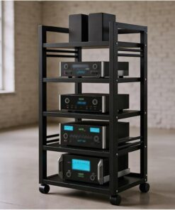 Support Audio-vidéo réglable en Bois et Acier, Rack Phono, adapté au Salon et à la Chambre, Noir, Solution de Rangement vidéo.