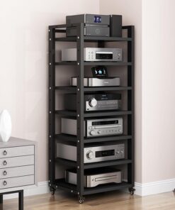 Armoire de rangement multimédia moderne, 7 étagères, support multimédia audio-vidéo avec étagère en bois réglable en hauteur, support de rangement ouvert polyvalent mobile pour composants st