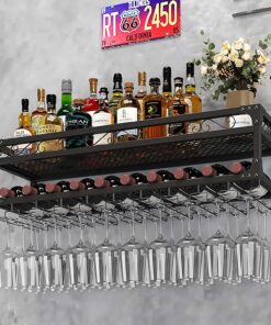Casier à vin Industriel fixé au Mur avec Support en Verre autoportant, étagère de Rangement pour Bouteilles de vin en métal Noir pour Bar ou Cuisine.