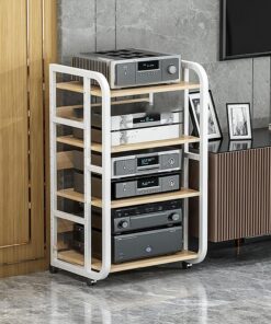 Support Audio AV Armoire de Rangement Multimédia DVD Support Multimédia Support de Jeu Étagères Rack de Stockage Audio Vidéo avec Roues Universelles pour Le Salon La Chambre et Le Bureau.(Wit,50.1x42.