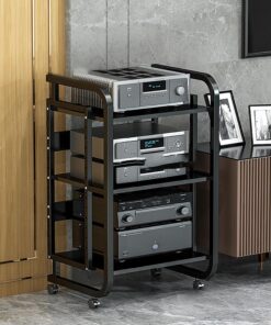 Support Audio AV Armoire de Rangement Multimédia DVD Support Multimédia Support de Jeu Étagères Rack de Stockage Audio Vidéo avec Roues Universelles pour Le Salon La Chambre et Le Bureau.(Nero,50x42.5