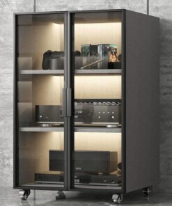 Meuble Stéréo, Meuble de Rangement avec Porte Vitrée, Meuble Rack Audio avec roulettes, Petit Meuble TV avec Trous pour Câbles, Étagères Réglables(Gray,3 Tier 54x52x102CM)