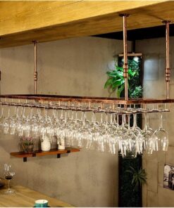 MObyat Casier à vin suspendu au plafond avec étagère en verre, casier à vin en métal, support de verre à vin suspendu, support de verres à pied au plafond, étagère murale pour bars, cuisi
